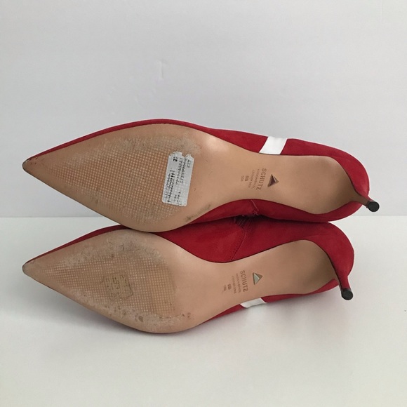 Schutz  Adrien Red Suede White Stripe Ankle Boots - Picture 6 of 8